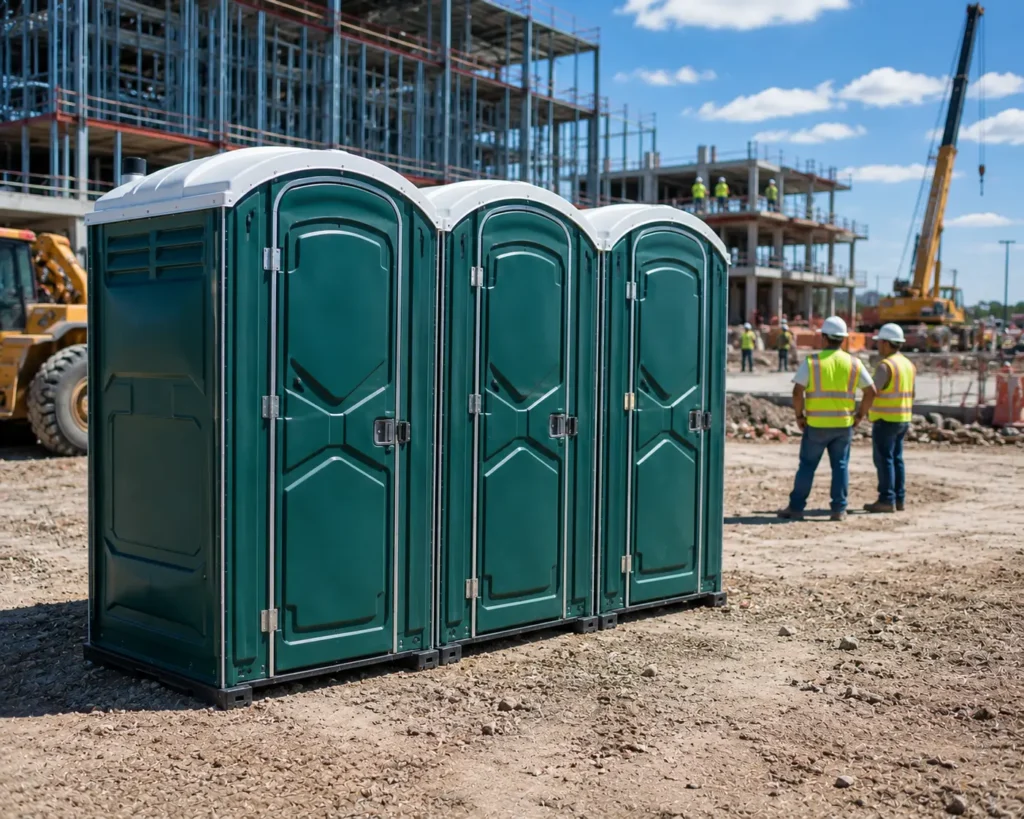 Construction site toilets Tulsa OK supplied and set up by Party Planner Tulsa for an active job site