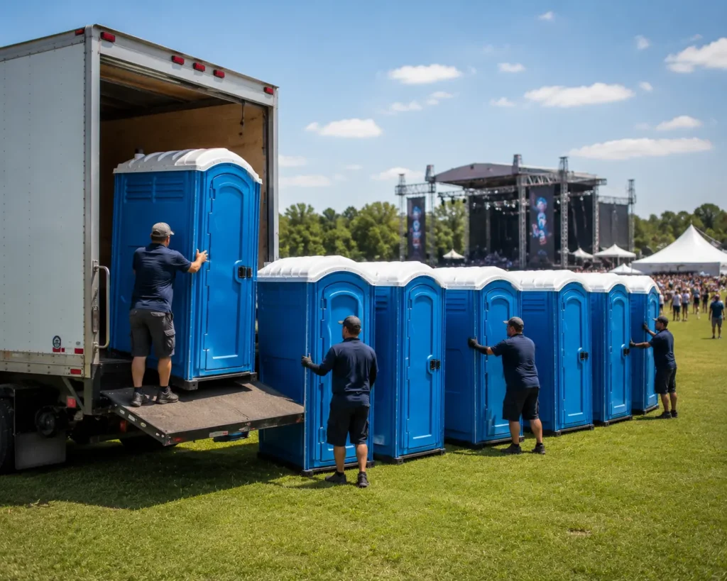 Event toilet delivery Tulsa OK by Party Planner Tulsa setting up portable units at an outdoor event