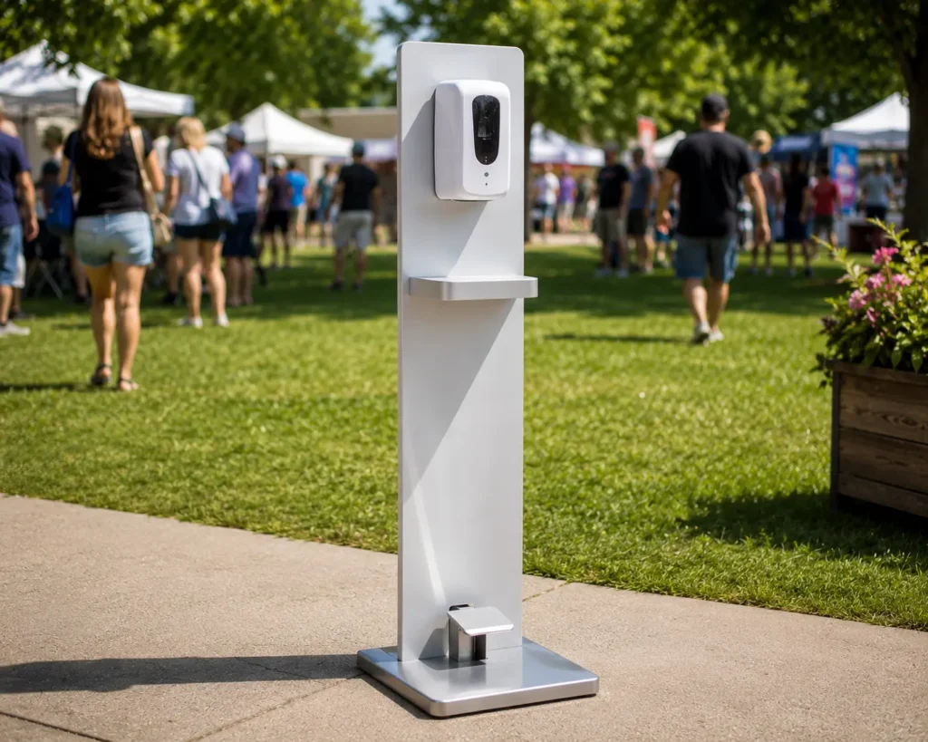 Hand sanitizer station rental Tulsa OK set up at an outdoor event by Party Planner Tulsa