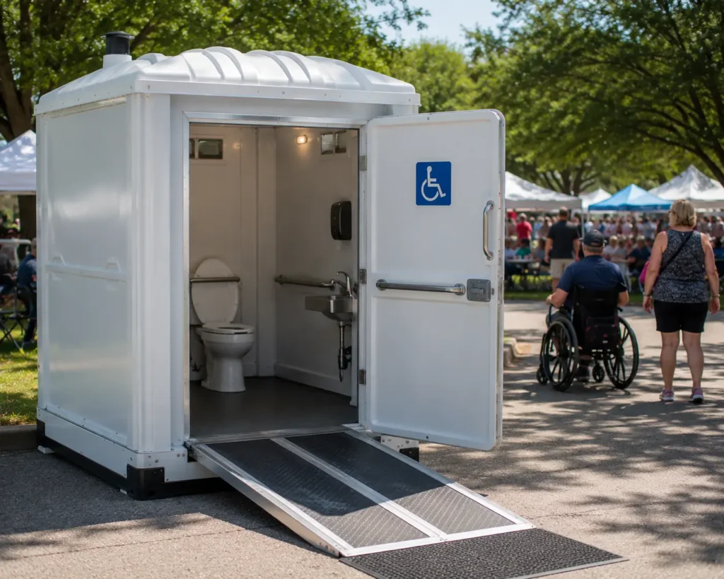 Handicap accessible portable unit Tulsa OK delivered by Party Planner Tulsa for an outdoor event