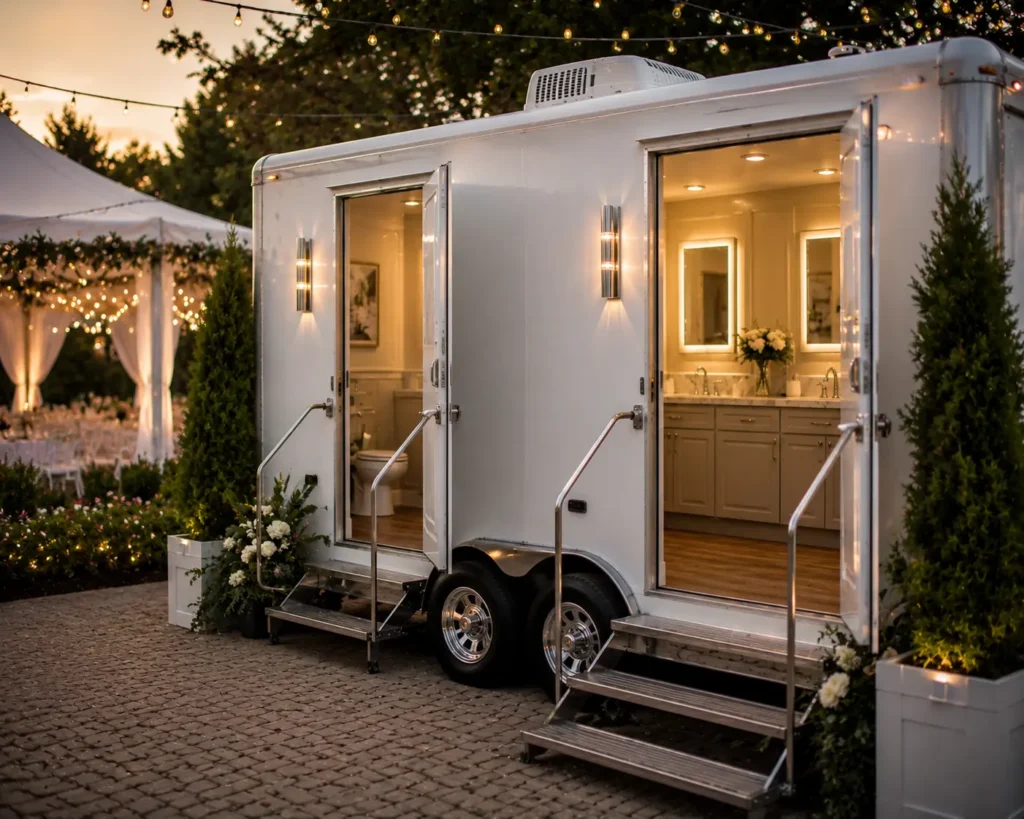 Luxury restroom rental Tulsa OK delivered by Party Planner Tulsa for an upscale outdoor wedding event