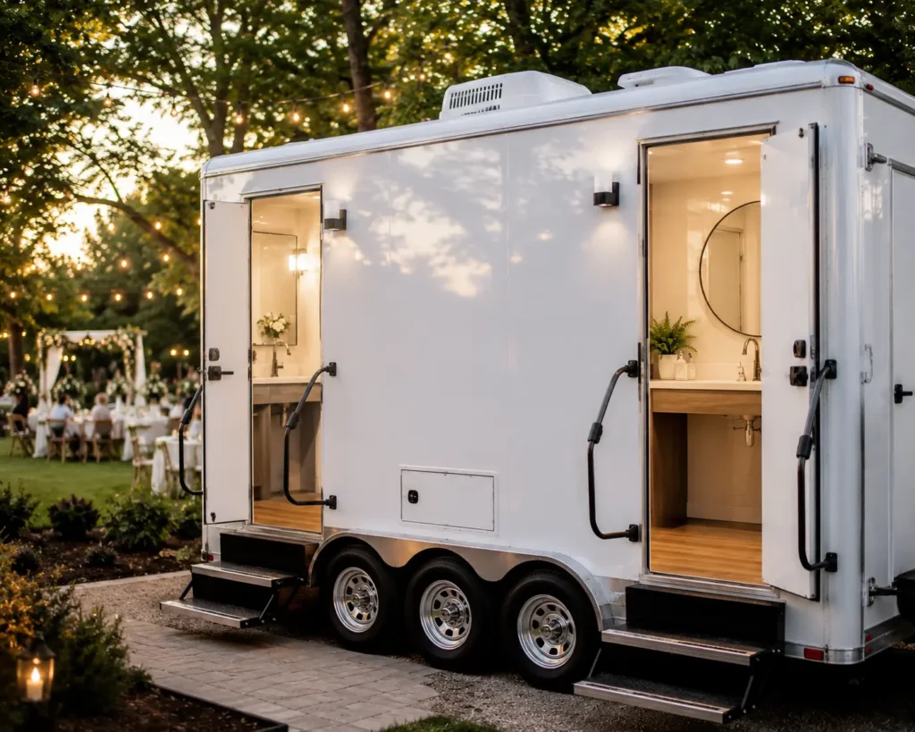 VIP toilet trailer rental Tulsa OK set up at an outdoor wedding event by Party Planner Tulsa
