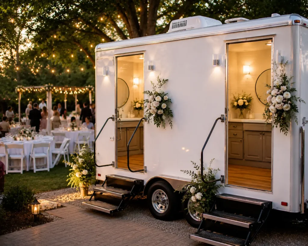 Wedding portable restroom rental Tulsa OK set up at an outdoor wedding by Party Planner Tulsa