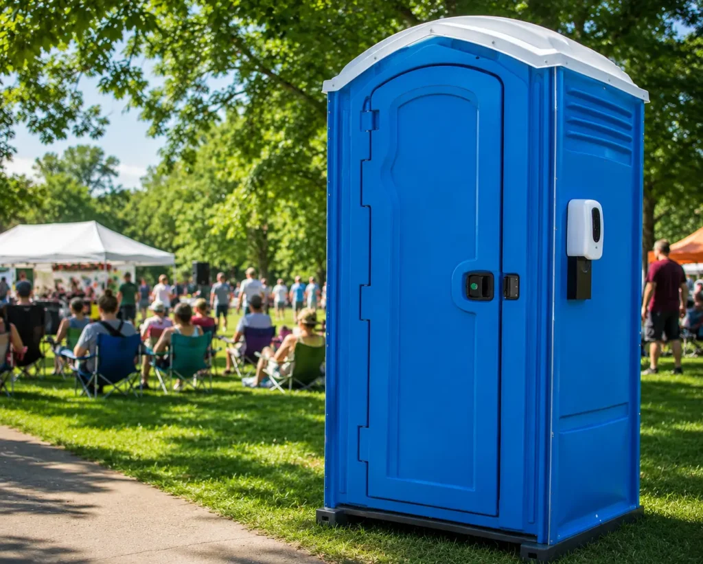 Standard porta potty rental Tulsa OK set up at an outdoor event by Party Planner Tulsa